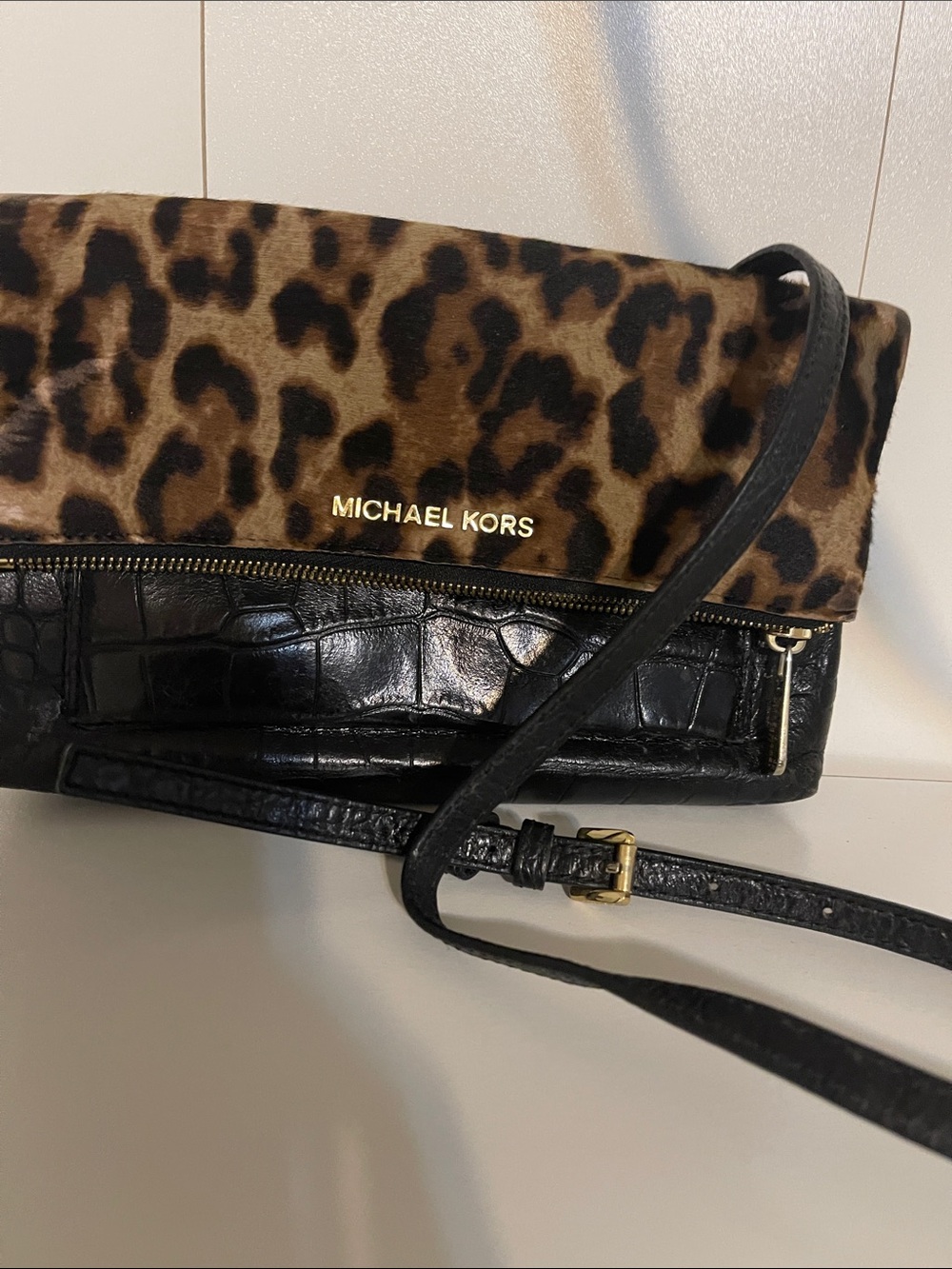Michael Kors Leopard Haircalf and Black Croc-Embossed Foldover Crossbody